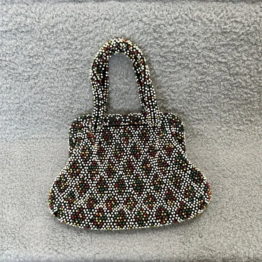 Vintage Purse Black Multicolored Beaded Cloth Clutch Handbag Hong Kong Fun Color